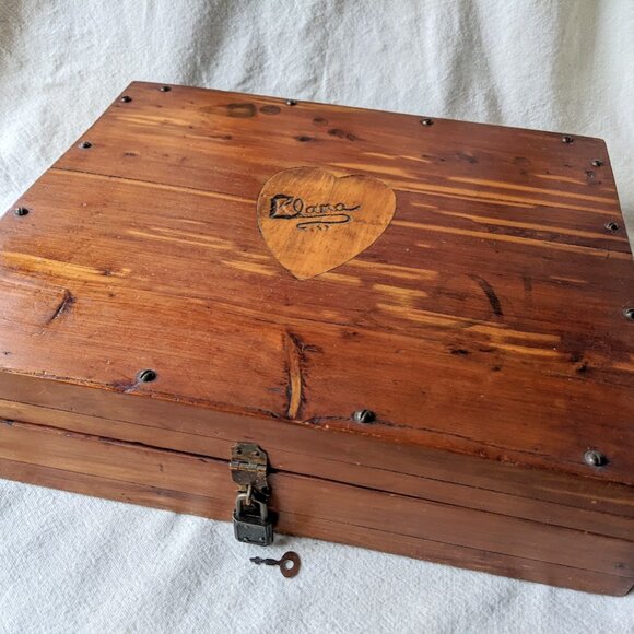 Vintage Handmade Wooden Tool Box Storage Box W/ Carved Heart Lock and Key